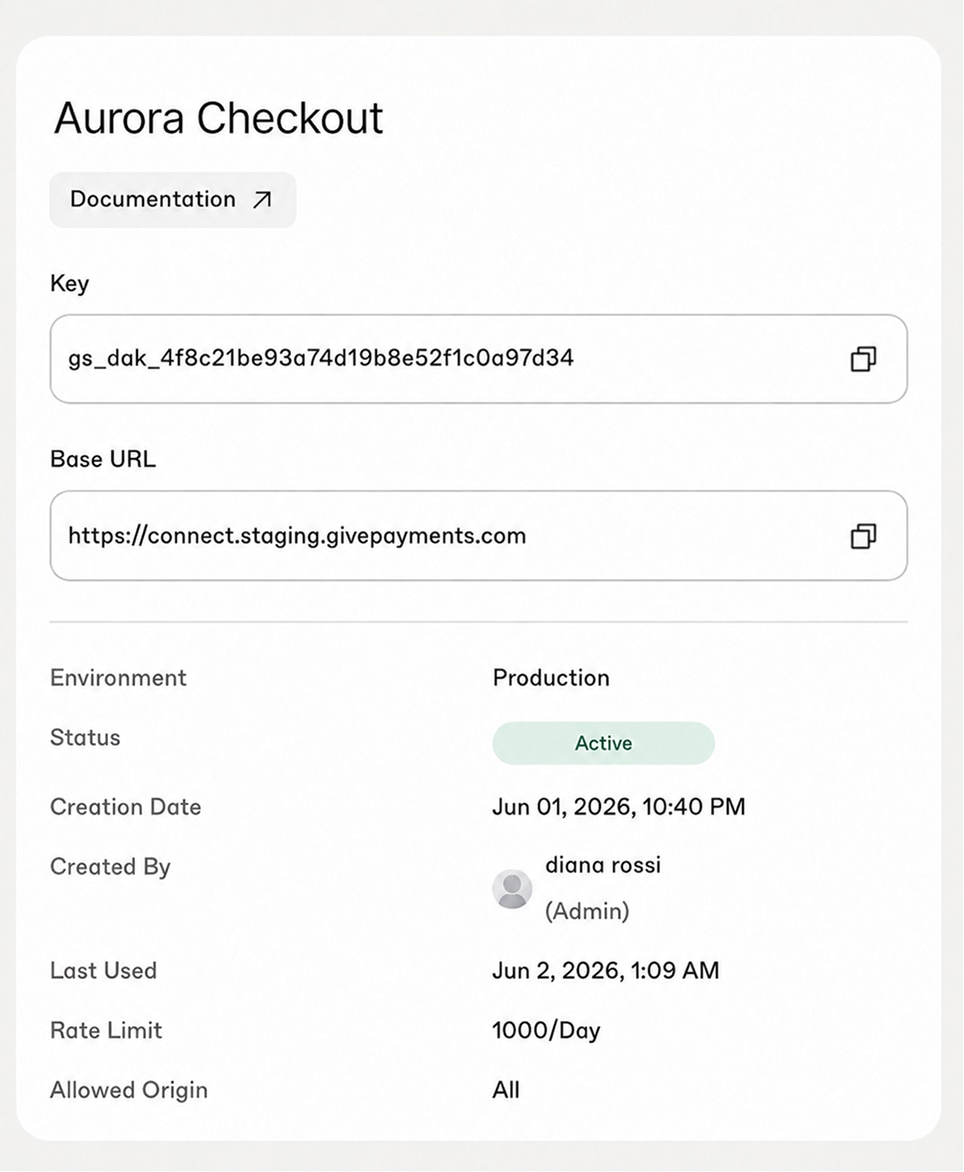 API key detail page with base URL, environment, status, and rate limit