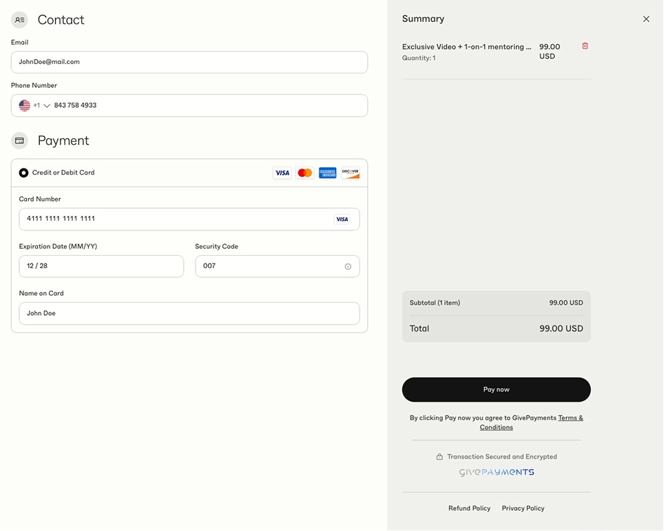 Hosted checkout form with an order summary and card fields