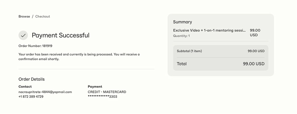 Desktop checkout confirmation page showing a successful payment receipt