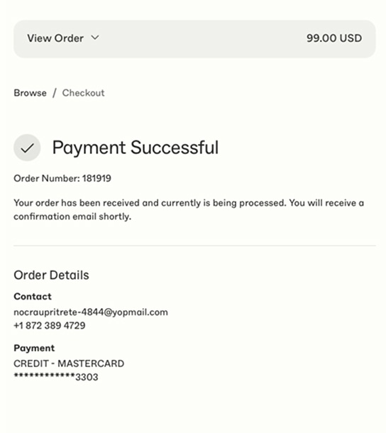 Mobile checkout receipt confirming a successful payment