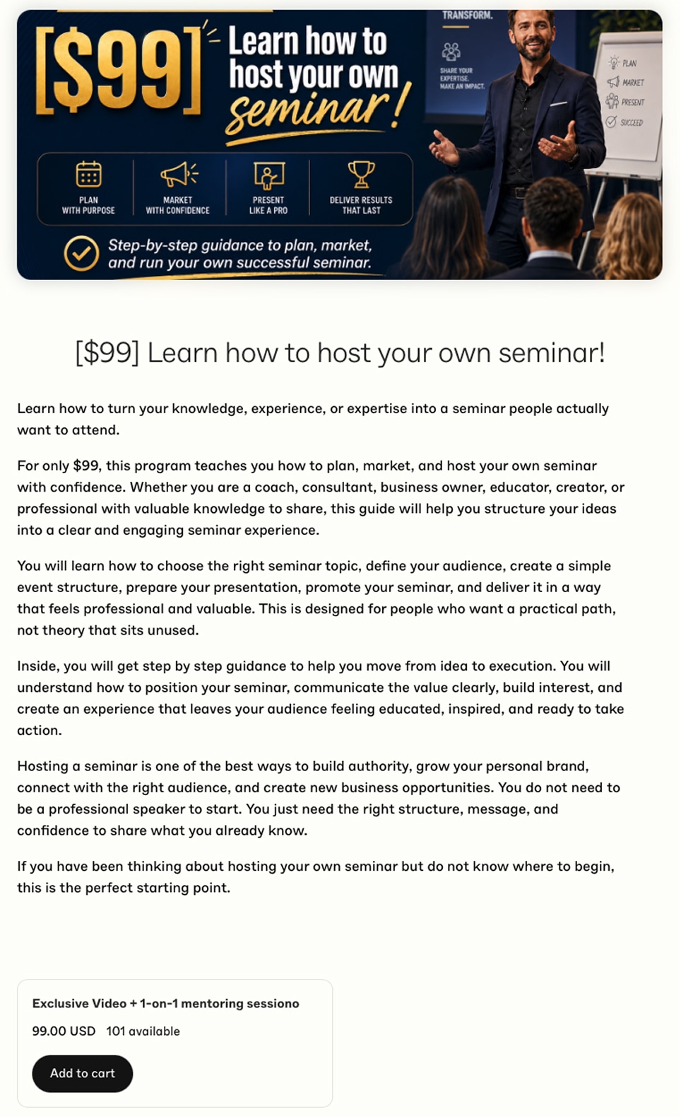 Online course sales page with a program offer and a checkout section