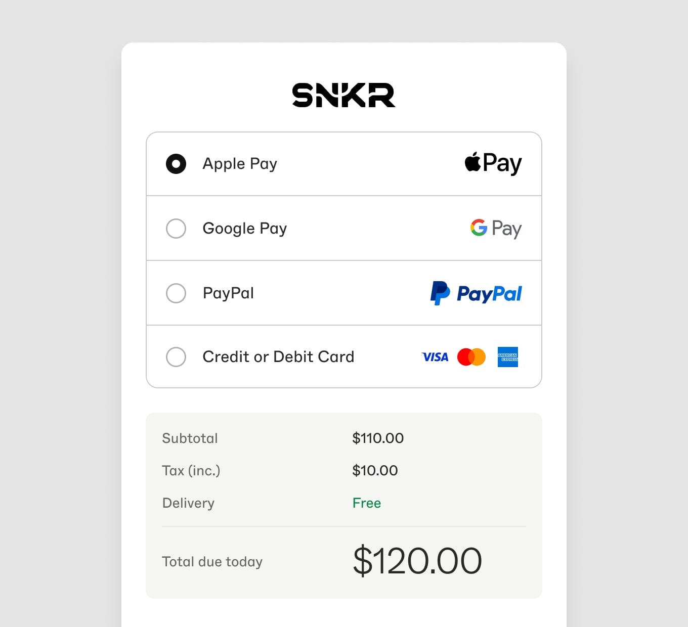Hosted checkout accepting Apple Pay, Google Pay, PayPal and cards