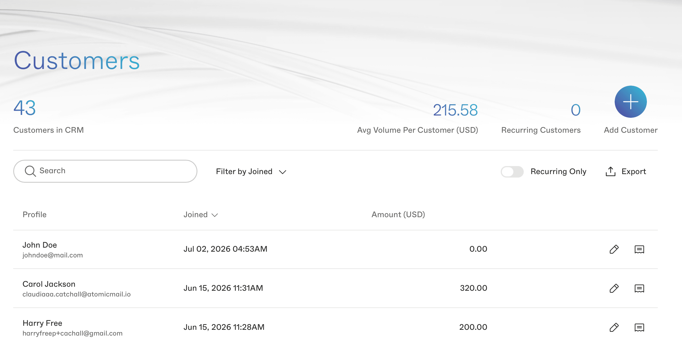 Customer CRM dashboard listing profiles and payment activity