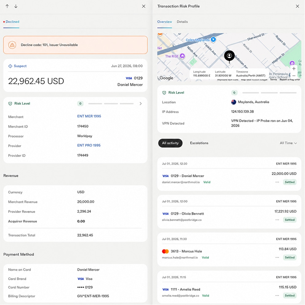 Transaction risk profile showing declined transaction details and map