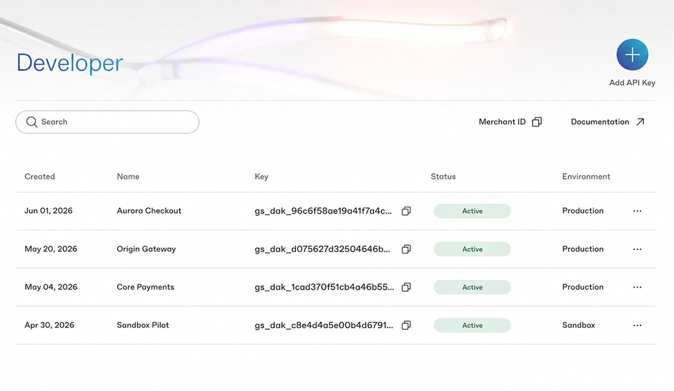 Developer dashboard listing API keys and production environments