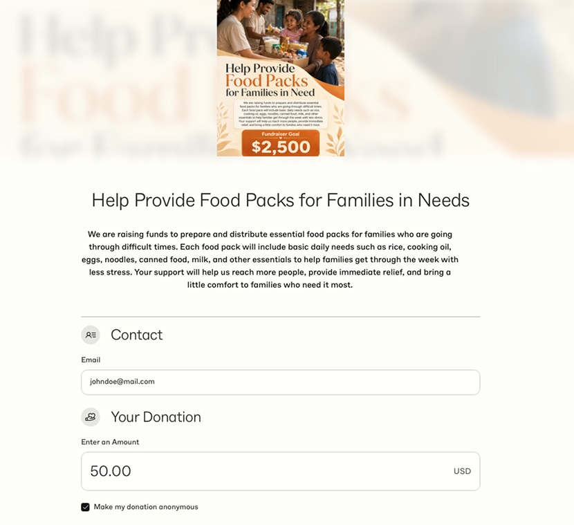 Public donation checkout page for a fundraiser