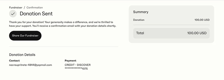 Donation confirmation receipt showing donation details and total