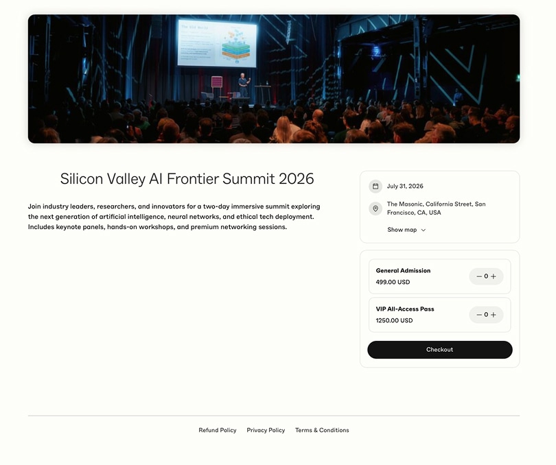 Public event ticket page with event details and checkout button