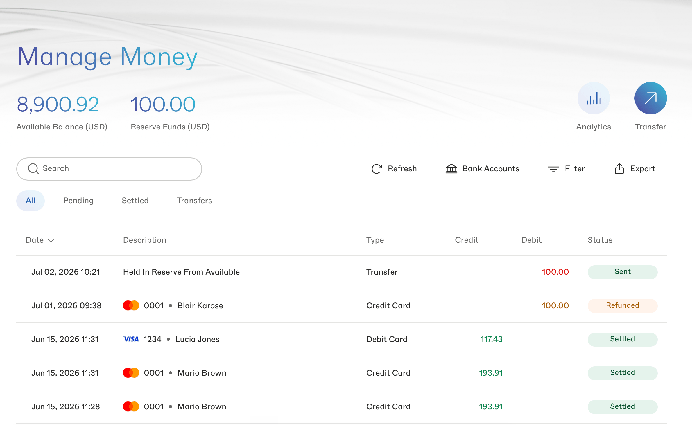 Manage Money dashboard: available balance, reserve funds, and a transaction ledger