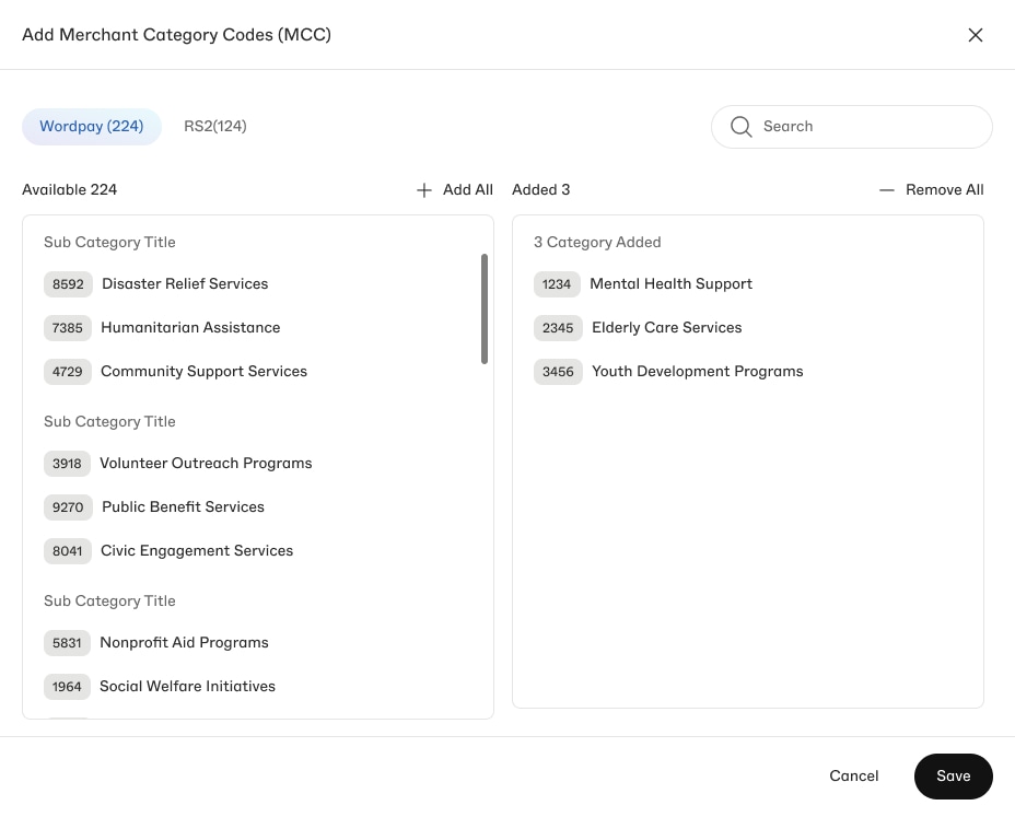 Modal for assigning merchant category codes during merchant setup