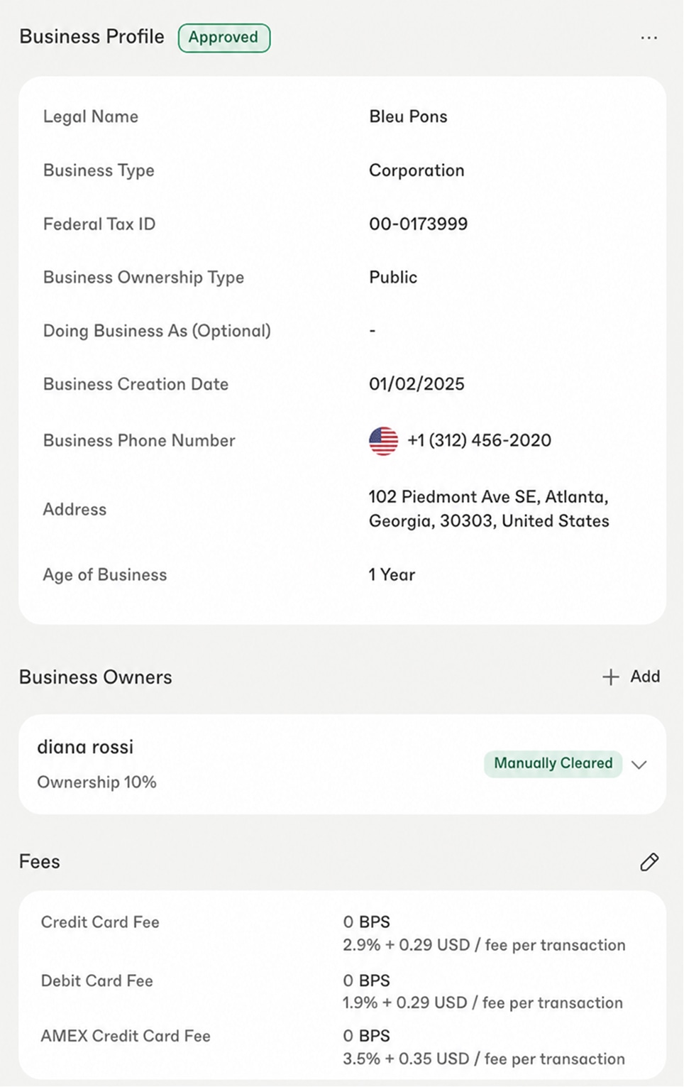 Merchant business profile page with approved status and owner details