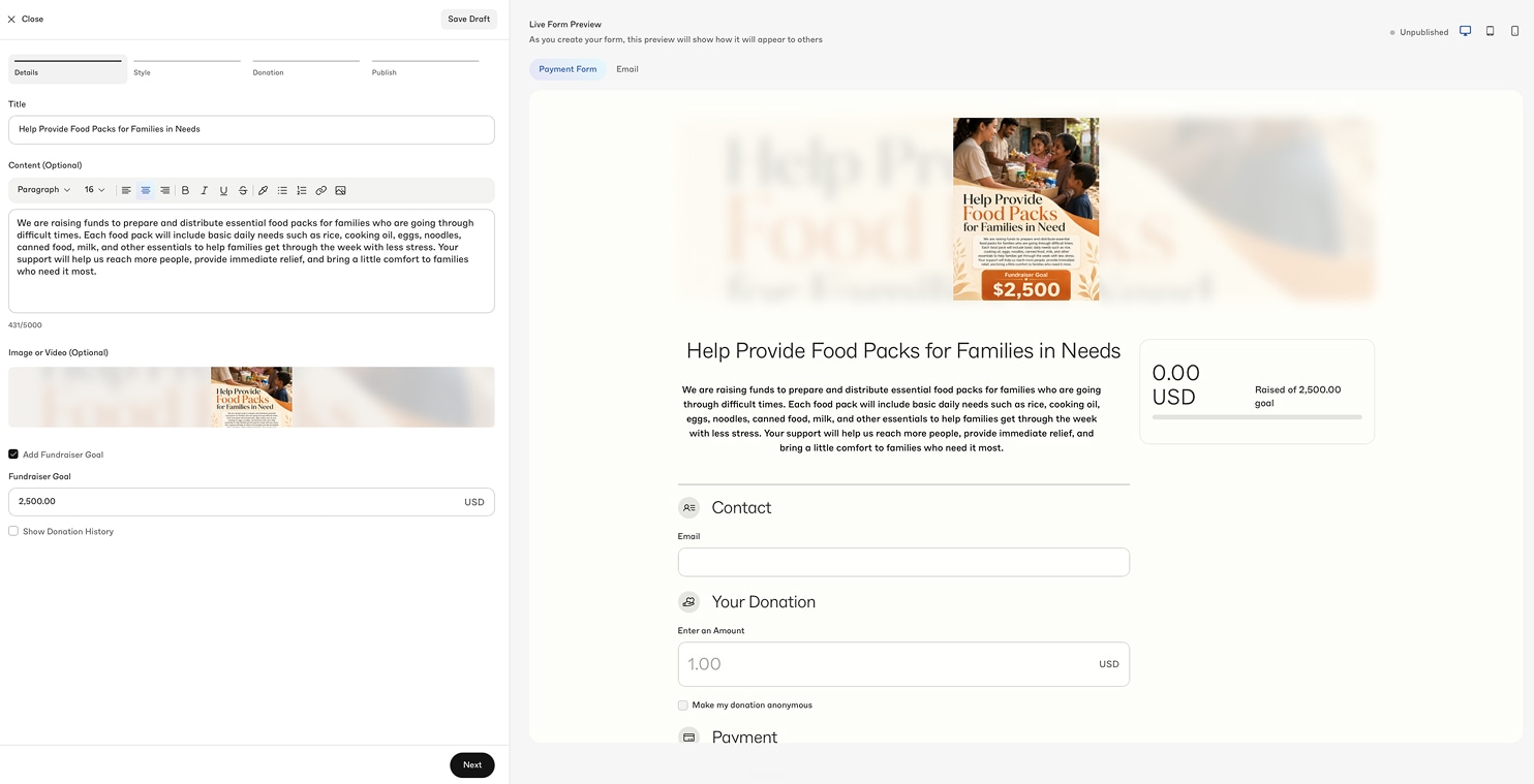 No-code payment form builder with editable settings and a live checkout preview