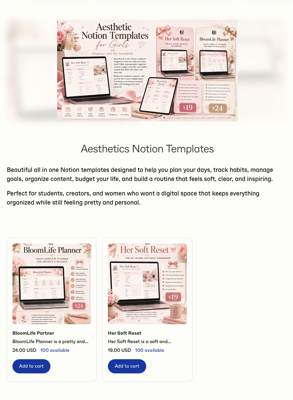 Online product storefront with product cards and add-to-cart buttons