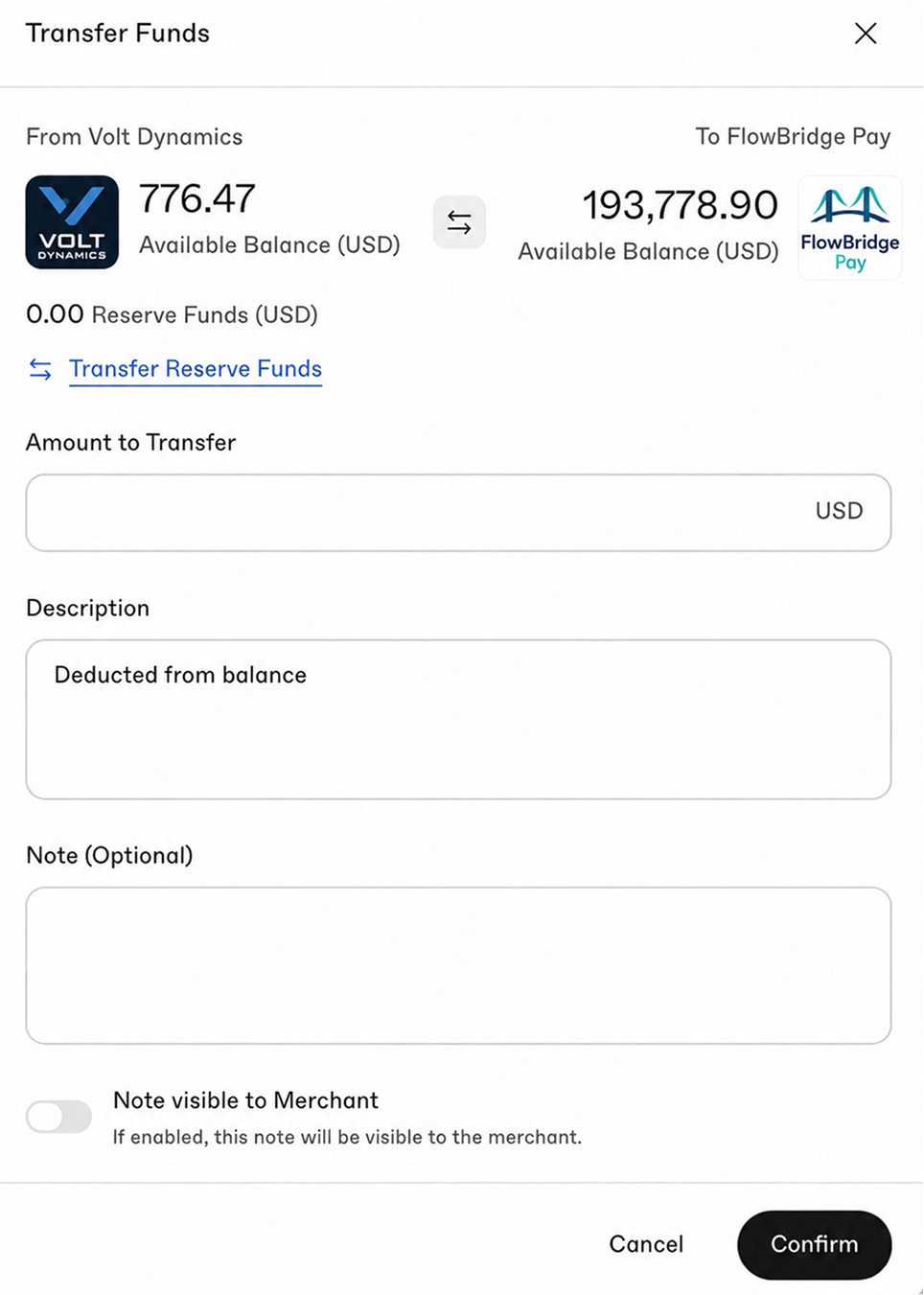 Transfer funds modal with balances, amount, description, and confirm button