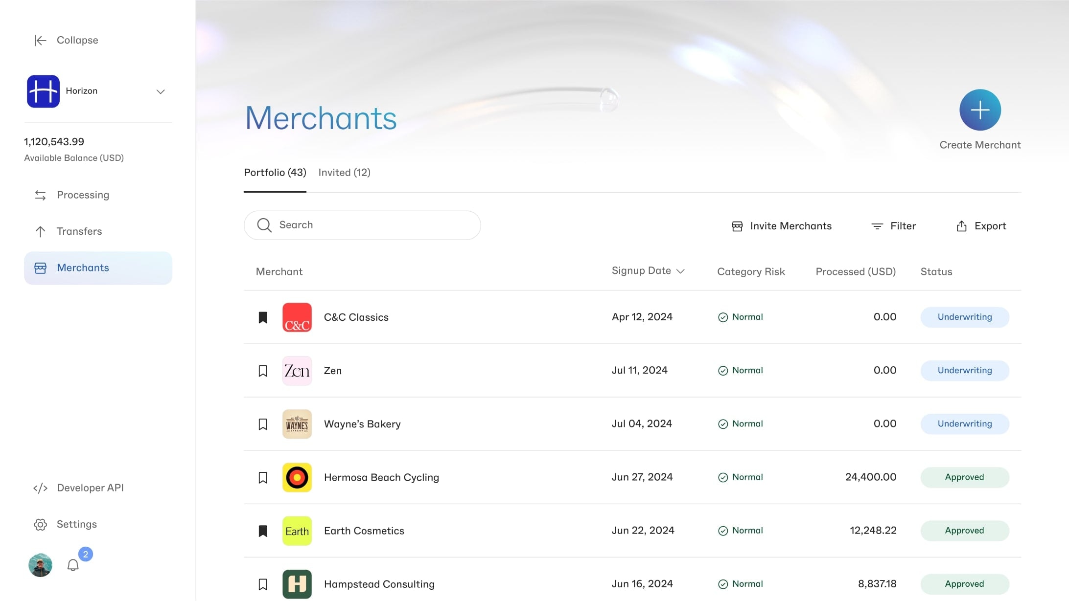 Merchant portfolio with underwriting and approval status