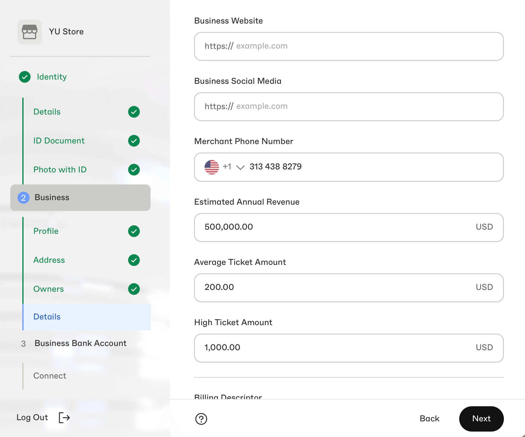 Merchant verification business details form with revenue and ticket amount fields