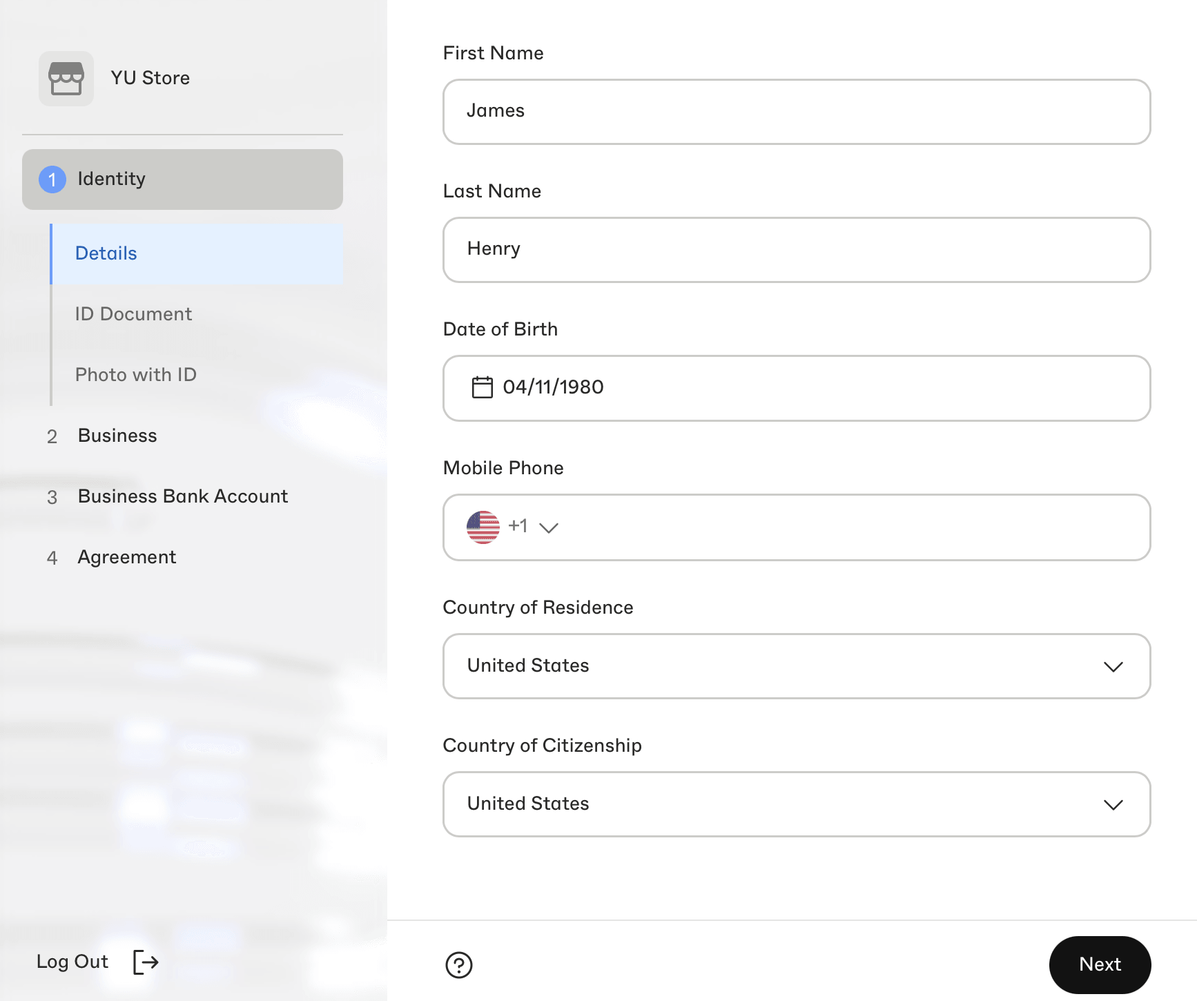 Merchant verification identity form with personal details and country fields