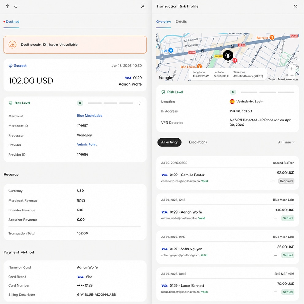 Second transaction risk profile showing a declined payment and location map