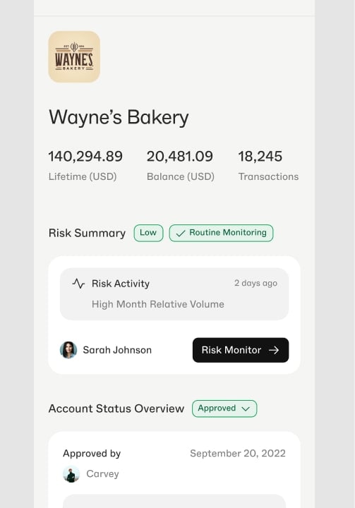 A merchant's own account overview: volume, balance and risk status