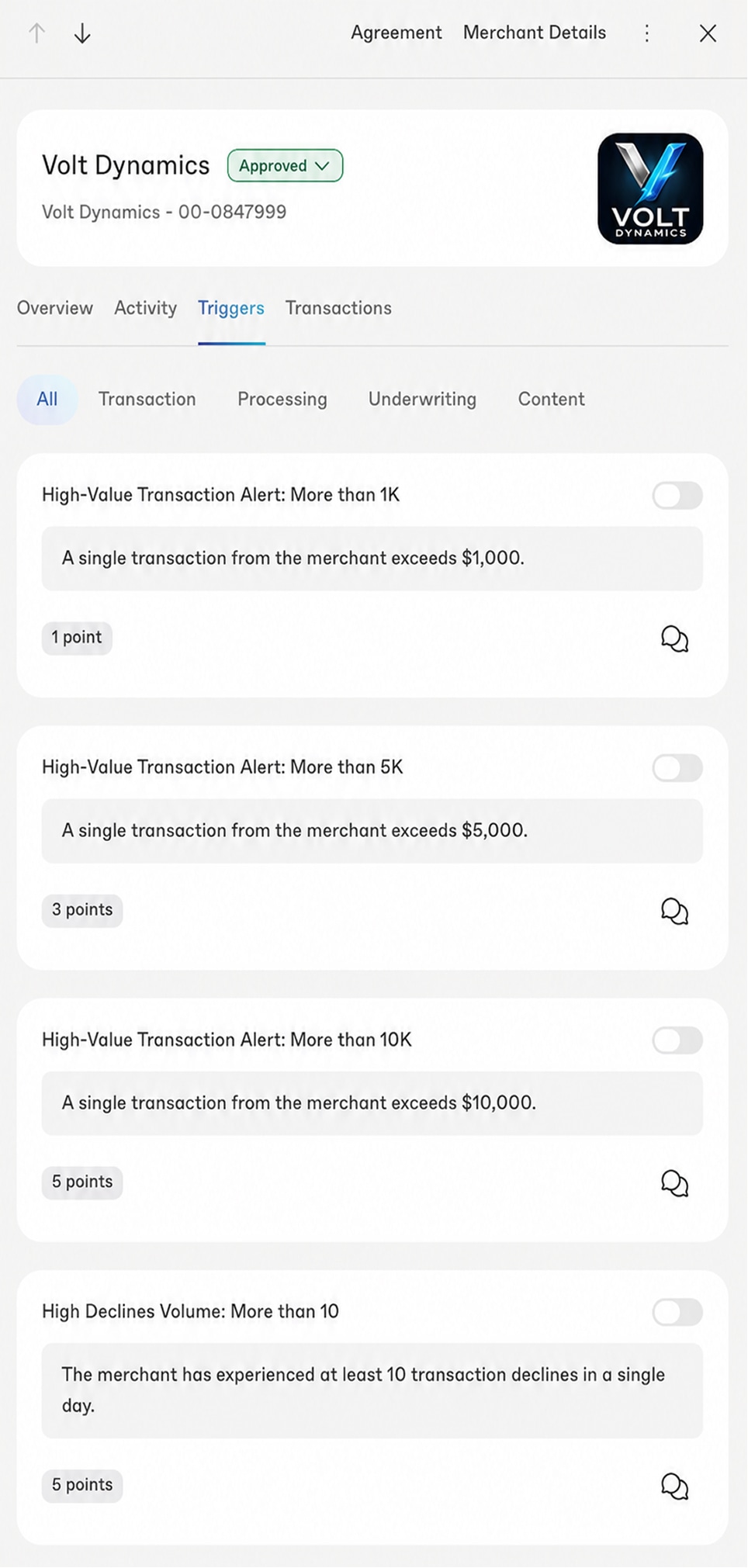 Provider risk trigger page with high-risk transaction condition cards