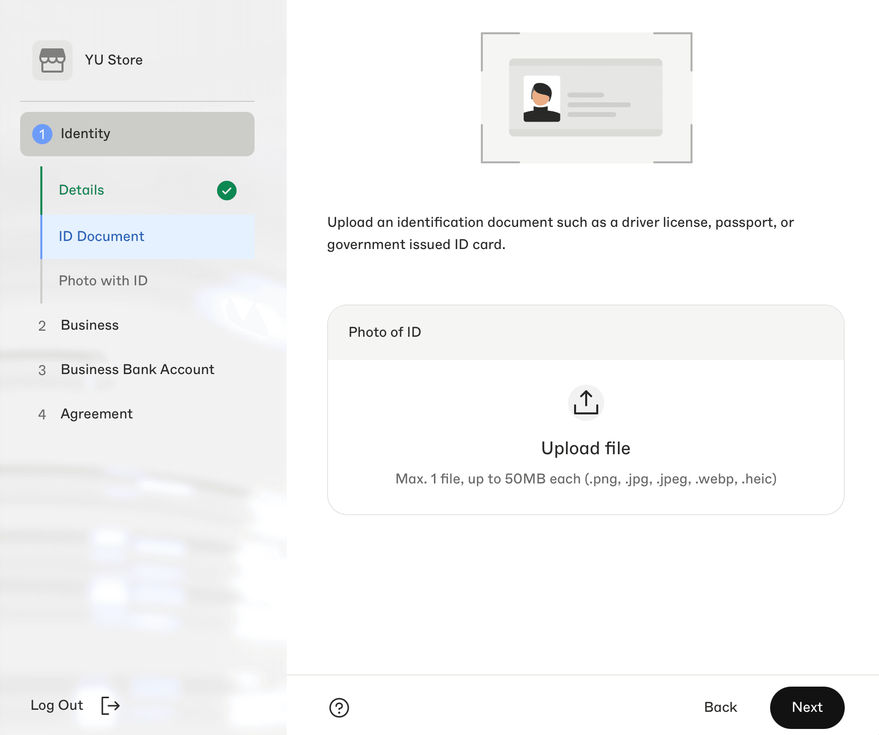 Merchant verification page for uploading a government-issued ID document