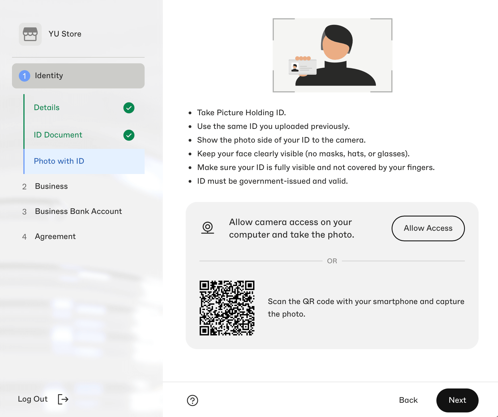 Merchant verification photo-with-ID capture step with camera access and QR code options