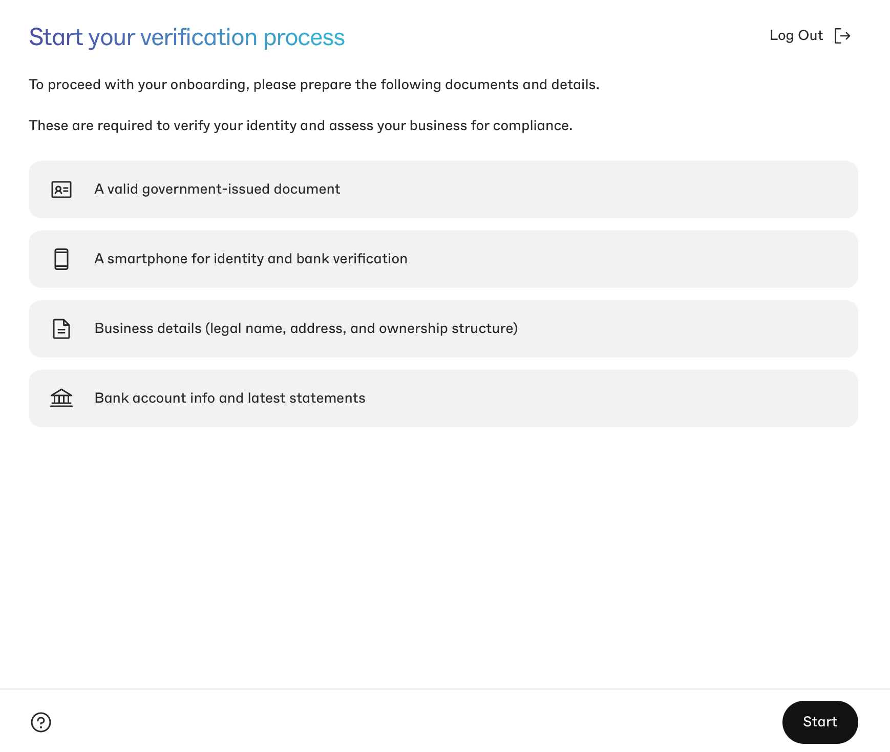 Merchant verification start screen listing required identity, business, and bank documents